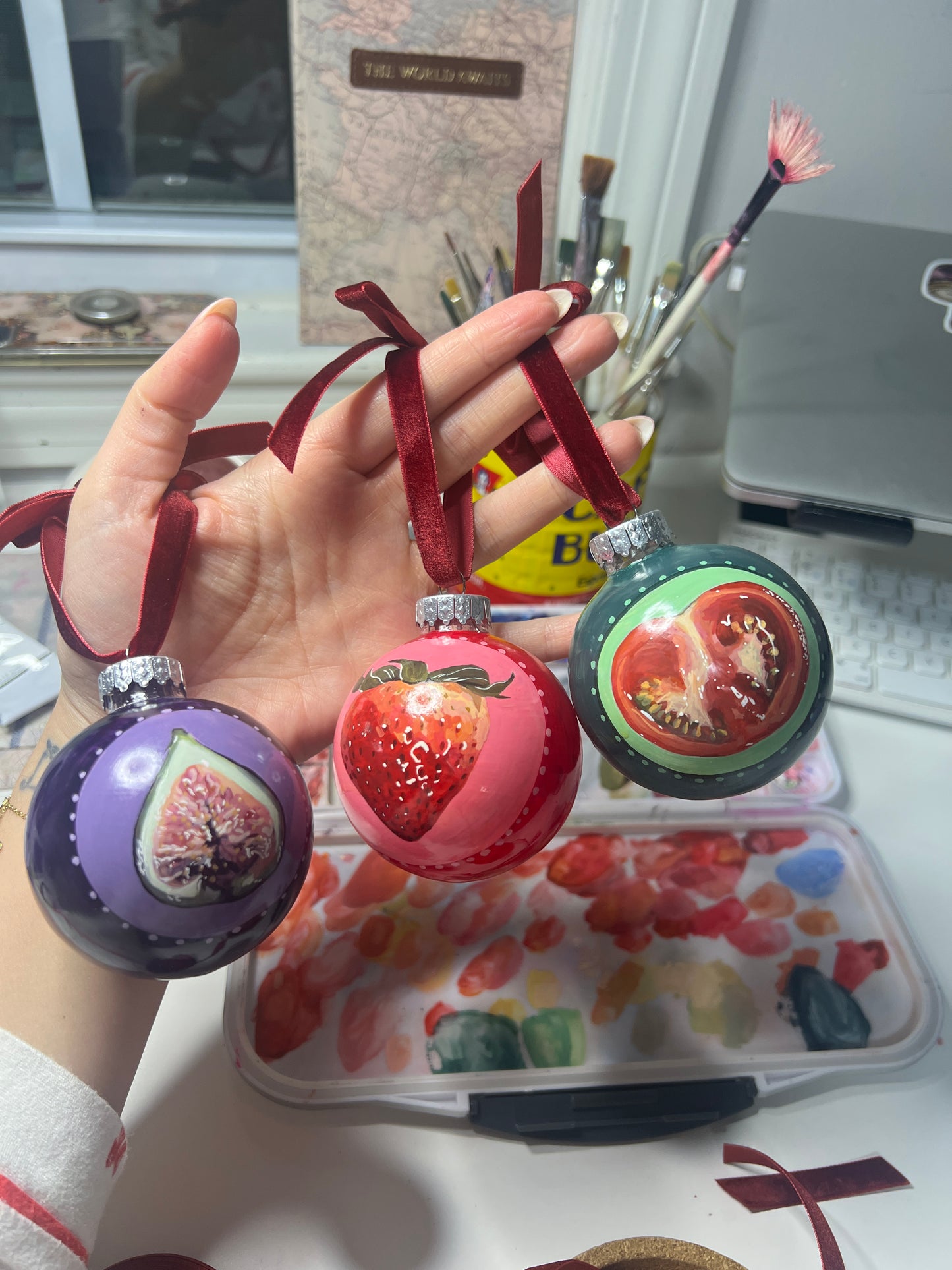 Hand-Painted Christmas Ornaments – Strawberry, Fig & Tomato | Unique Fruit Ornaments for Holiday Decor