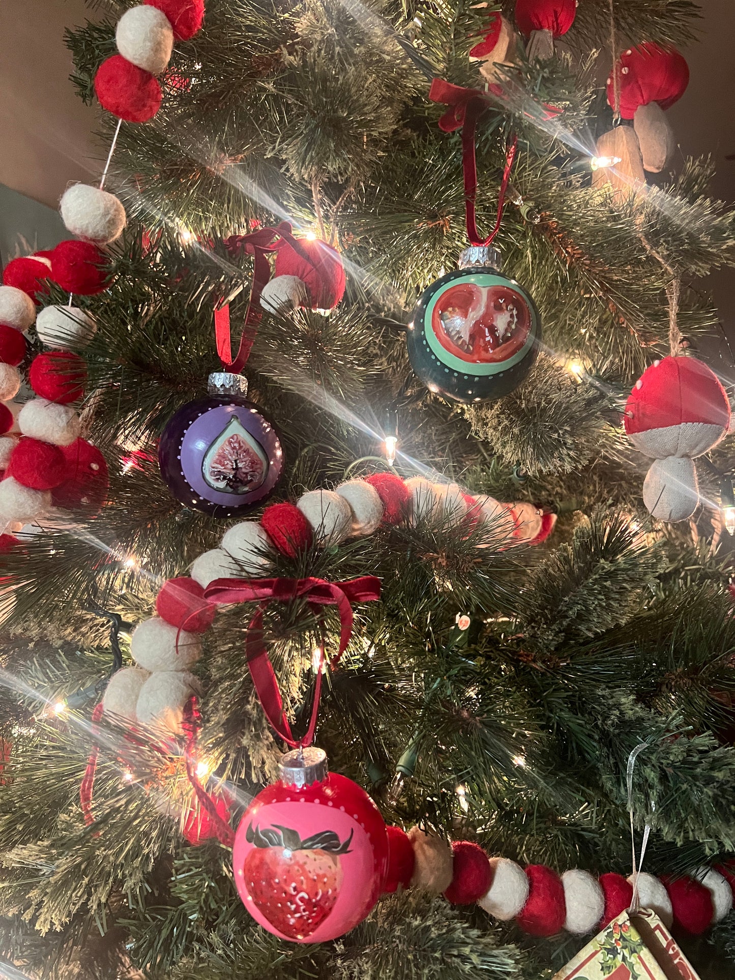 Hand-Painted Christmas Ornaments – Strawberry, Fig & Tomato | Unique Fruit Ornaments for Holiday Decor